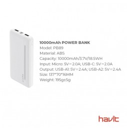 Batería Backup HAVIT PB89 - 10,000 mAh BLANCO